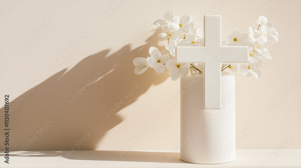 Poster a minimalist display with a white cross and fresh flowers creates a calming atmosphere perfect for r