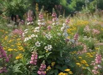 Obraz premium Lush white burnet bush surrounded by yellow and pink flowers, plants, sunny day, outdoor garden