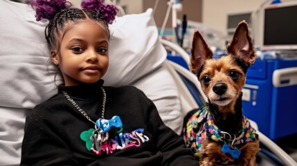 A therapy dog lying beside a young girl undergoing chemotherapy, creating a soothing presence