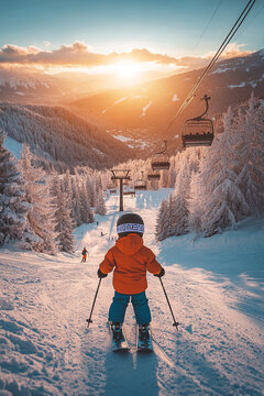 Child enjoys skiing at sunset in snowy mountains with chairlifts in view