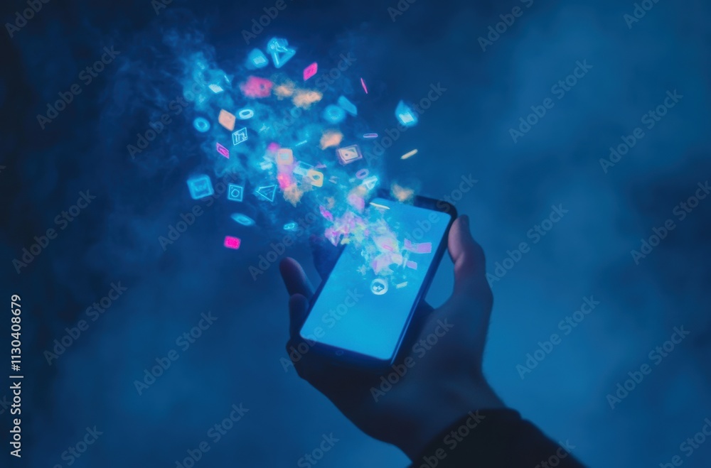 Poster smartphone with colorful icons emanating in a dark background