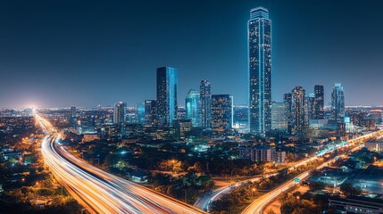 Fototapeta premium Cityscape with glowing lights and vibrant evening sky