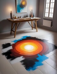 Artistic table with painting on the floor under top light in 3d effect
