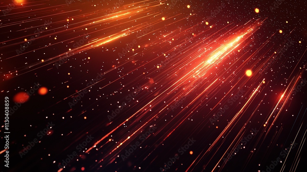 Poster glowing lines and particles floating on dark background