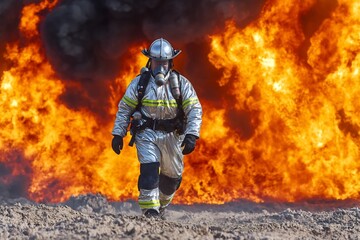 Naklejka premium Courageous Firefighter Battles Raging Chemical Blaze in Reflective Hazmat Suit Amidst Swirling Smoke and Intense Flames