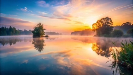Fototapeta premium Serene Sunrise Over Tranquil Lake with Ethereal Background, Perfect for Product Photography and Nature-Themed Displays, Evoking Peace and Calmness in Every Shot