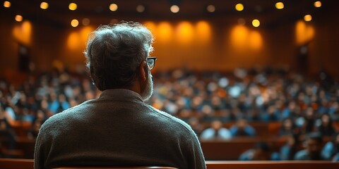 "An Indian Professor Delivering a Lecture to University Students in a Spacious Hall, Focusing on the Importance of Higher Education"