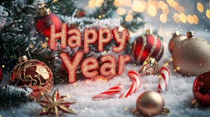 A snowy Christmas background with "Happy New Year 2025" written in glowing red and gold, surrounded by holiday decorations like ornaments and candy canes