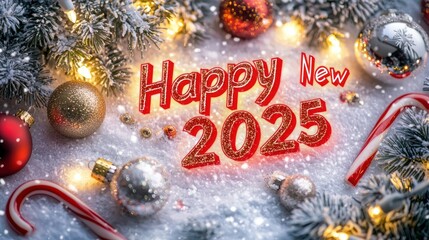 A snowy Christmas background with "Happy New Year 2025" written in glowing red and gold, surrounded by holiday decorations like ornaments and candy canes