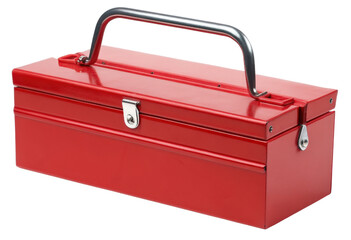 Red metal toolbox with silver handle isolated with transparent background