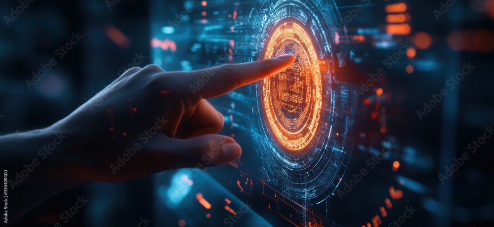 Poster hand engaging with futuristic digital interface and data visualization