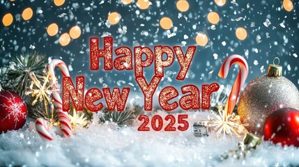 A snowy Christmas background with "Happy New Year 2025" written in glowing red and gold, surrounded by holiday decorations like ornaments and candy canes