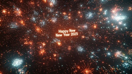 A starry night sky featuring fireworks and twinkling lights, with the phrase "Happy New Year 2025" glowing in the center