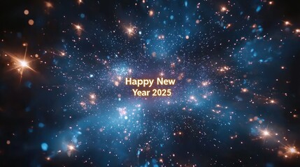 A starry night sky featuring fireworks and twinkling lights, with the phrase "Happy New Year 2025" glowing in the center