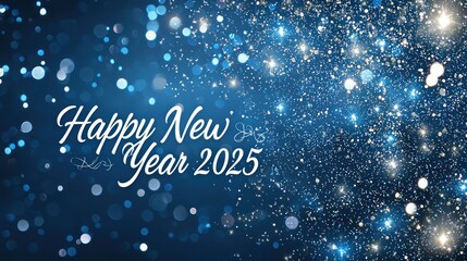 A subtle gradient background in festive blue and silver, with "Happy New Year 2025" written in script font