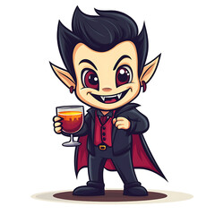 Cute vampire character holding drink, wearing suit and cape