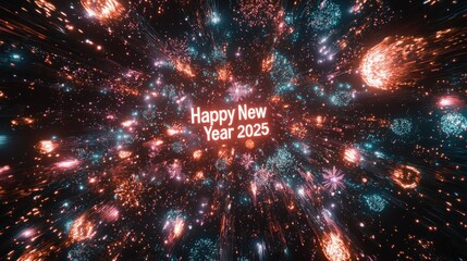 A starry night sky featuring fireworks and twinkling lights, with the phrase "Happy New Year 2025" glowing in the center