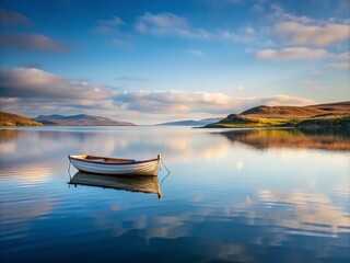 Serene View of Tranquil Bay with a Rowboat at Mull Island, Scotland, Capturing the Essence of Minimalist Photography and Natural Beauty in a Peaceful Landscape