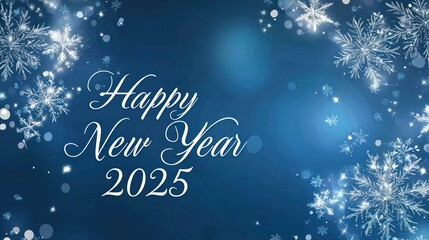 A subtle gradient background in festive blue and silver, with "Happy New Year 2025" written in script font