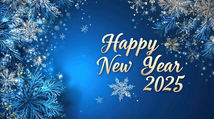 A subtle gradient background in festive blue and silver, with "Happy New Year 2025" written in script font 