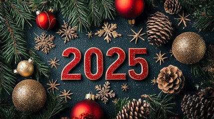 A traditional New Year card with "2025" in red and gold surrounded by classic holiday elements like pinecones, snowflakes, and ornaments 
