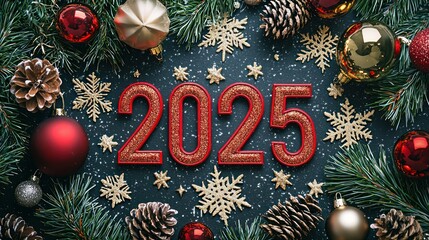 A traditional New Year card with "2025" in red and gold surrounded by classic holiday elements like pinecones, snowflakes, and ornaments