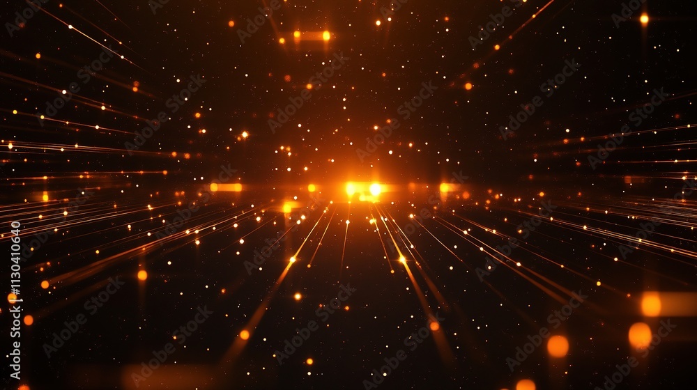 Poster glowing particles and lines floating on dark background