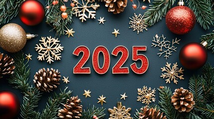 A traditional New Year card with "2025" in red and gold surrounded by classic holiday elements like pinecones, snowflakes, and ornaments