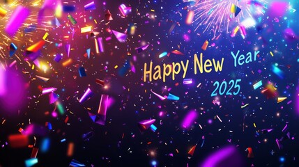 A vibrant "Happy New Year 2025" card featuring colorful fireworks, confetti, and glowing typography on a dark gradient background
