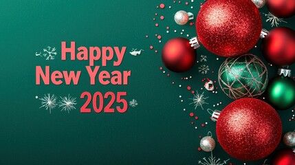 A vibrant red-and-green background with subtle Christmas baubles, complemented by a bold "Happy New Year 2025" in modern, elegant typography