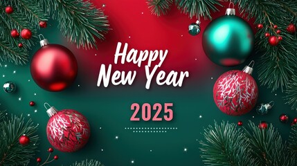 A vibrant red-and-green background with subtle Christmas baubles, complemented by a bold "Happy New Year 2025" in modern, elegant typography