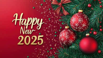 A vibrant red-and-green background with subtle Christmas baubles, complemented by a bold "Happy New Year 2025" in modern, elegant typography