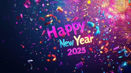 A vibrant "Happy New Year 2025" card featuring colorful fireworks, confetti, and glowing typography on a dark gradient background 