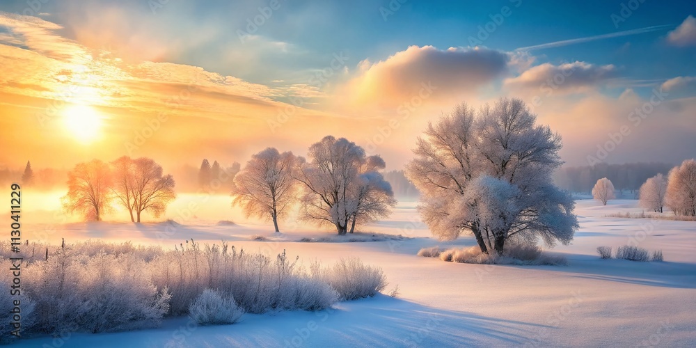 Poster serene winter wonderland abstract scene capturing frosted landscapes and ethereal light patterns in 