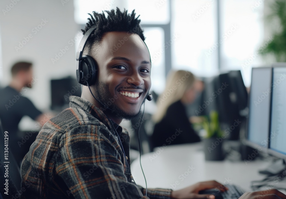 Poster young smiling man working on computer in a modern office environment