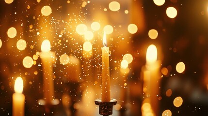 A blurred image of champagne glasses and candles with golden sparkles in the foreground 