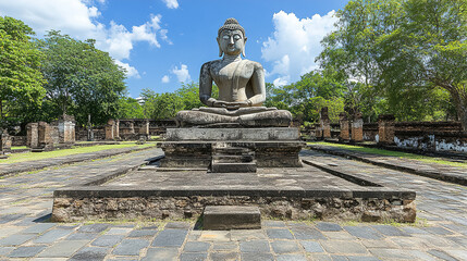 Obraz premium Ancient Buddha statue in peaceful temple site surrounded by lush greenery on a bright sunny day. Generative AI
