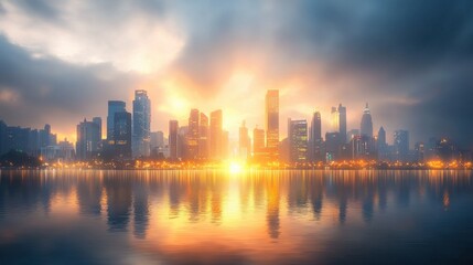 Naklejka premium Sunrise over a futuristic cityscape a stunning reflection of urban development modern architecture and technological advancements in a serene environment