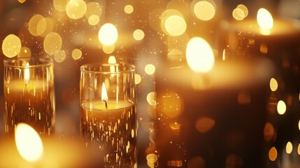 A blurred image of champagne glasses and candles with golden sparkles in the foreground 