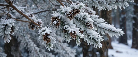 Snowy fir branches with frosted pinecones and a frozen birch tree in the background , frozen birch tree, landscape
