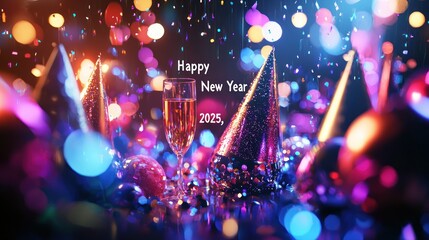 A burst of color splash behind the text "Happy New Year 2025," with glittery accents and party elements like hats and champagne glasses