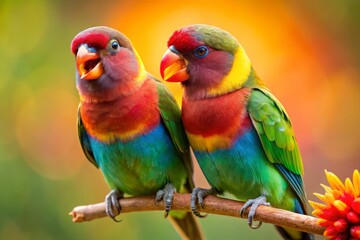 Lovebirds Serenade: Macro Photography of a Vibrant Couple Singing, Close-up Detail, Soft Focus, Romantic Melody