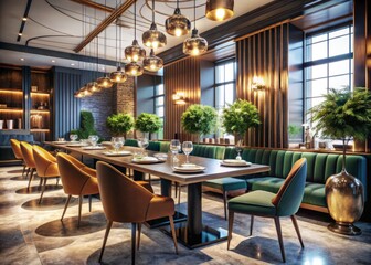 Fototapeta premium Luxurious Empty Restaurant Interior: Sleek Marble Dining, Vintage Modern Design