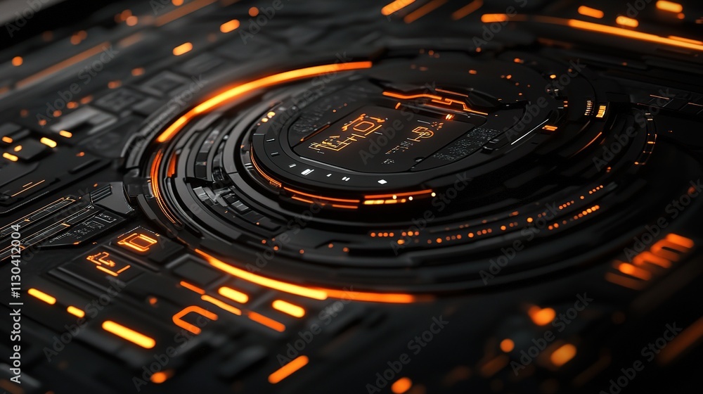 Poster digital abstract interface with glowing elements and patterns