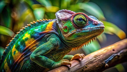 Obraz premium Slow-moving chameleon blending into the surroundings in a zoo exhibit , chameleon, large, green, crawling, branch, water park