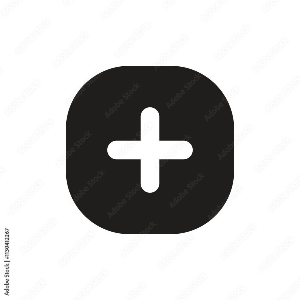 Poster white square with rounded corners and a centered plus sign on a dark-grey background.