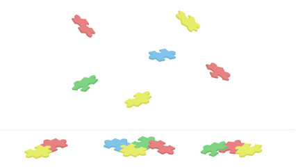 Illustration of colorful 3D puzzle pieces in red, green, yellow and blue falling and landing on the floor on a white background