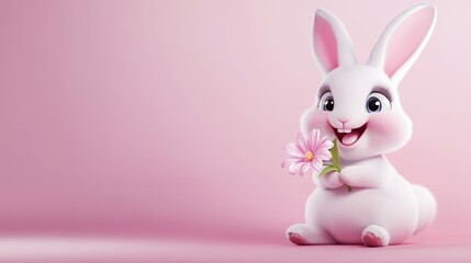 Obraz premium Adorable Fluffy Bunny Holding Pink Flower