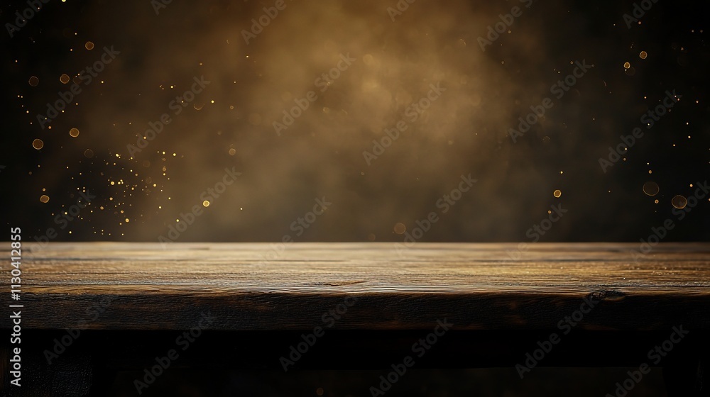 Poster empty wooden table top with soft blur and gold bokeh light effect