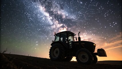 Obraz premium Silhouette of a Tractor Against a Starry Night Sky, Highlighting the Charm of Rural Landscapes and the Beauty of Agricultural Machinery in a Captivating Macro Photography Scene